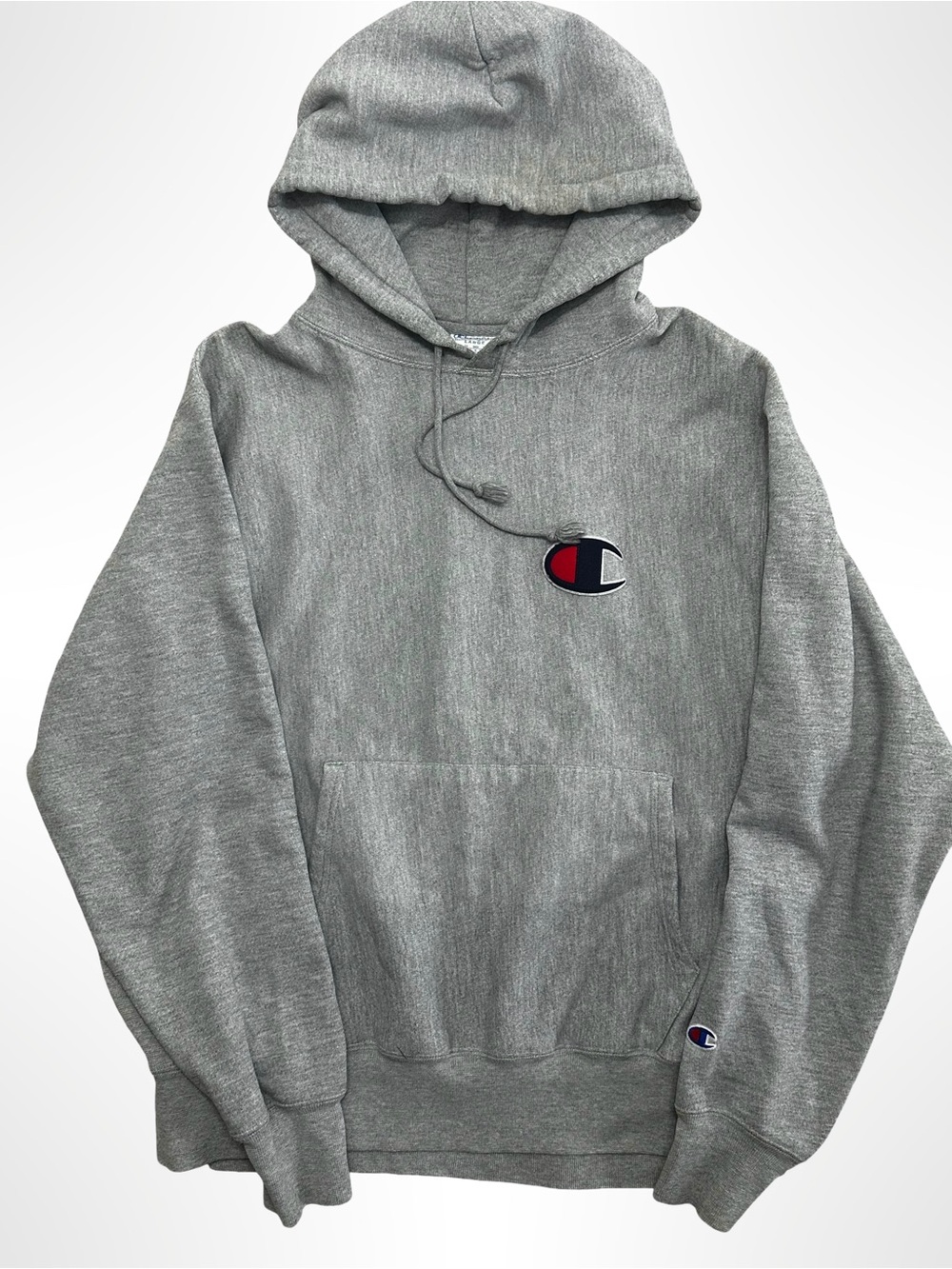 Vintage Champion Reverse Weave Hoodie Grey Big C Patch Logo Men's Size L
